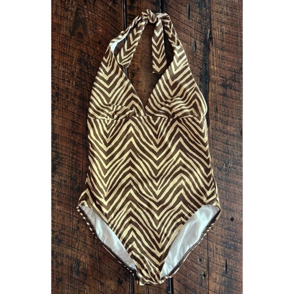 Talbots Brown and Tan halter neck style one piece bathing suit, Size 6 - Picture 1 of 16